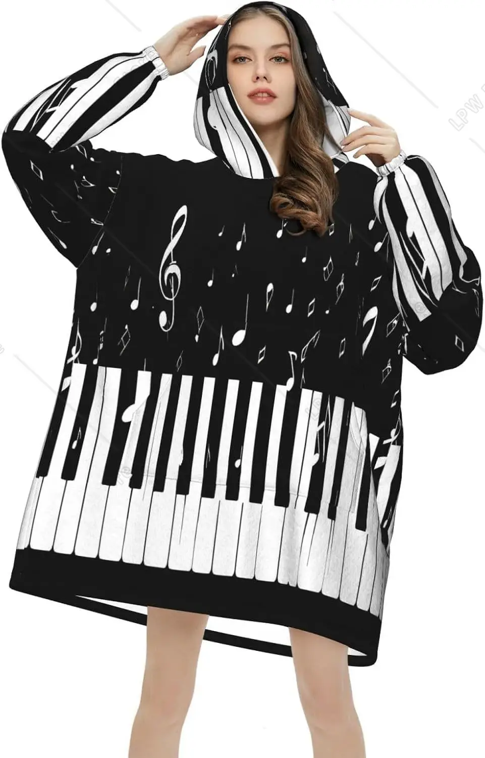 Abstract Music Note Piano Wearable Blanket Hoodie Oversized Sweatshirt Blanket Cozy Warm Sherpa Hooded Blanket With Pocket