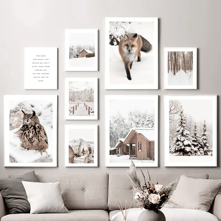 

Bridge Fox Owl Firewood Snow Tree House Winter Art Canvas Painting Nordic Posters And Prints Wall Pictures For Living Room Decor