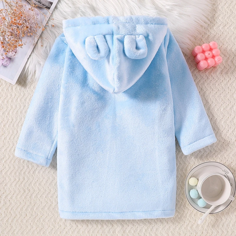 New Winter Kids Sleepwear Flannel Warm Hooded Bathrobe Children Solid Color Plush Pajamas Long Sleeve Robe Clothes 2-7Y