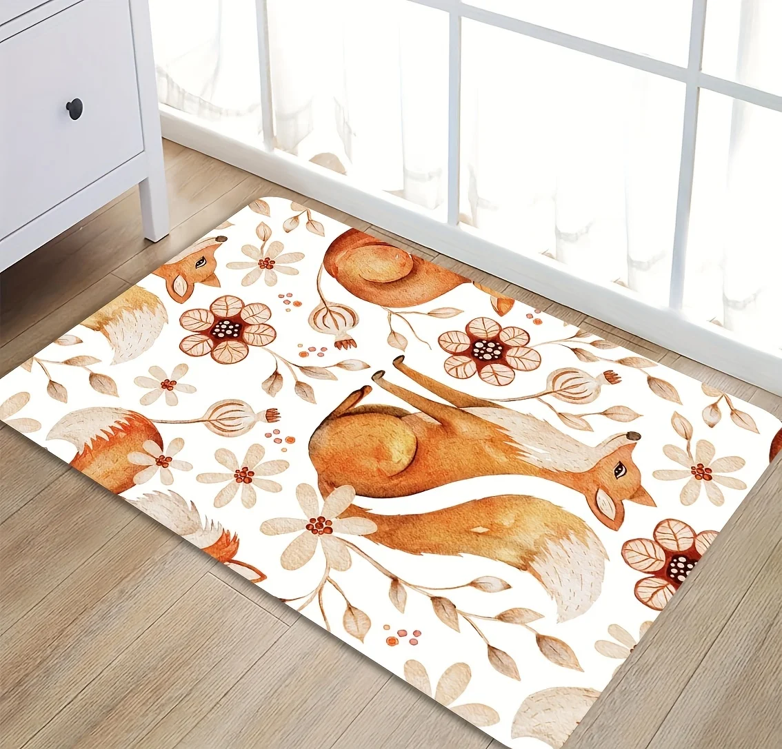 Woodland Fox Floral Design Doormat Watercolor Autumn Bloom Art Print Rug Soft Floor Mat for Porch Bedroom Country Home Styling