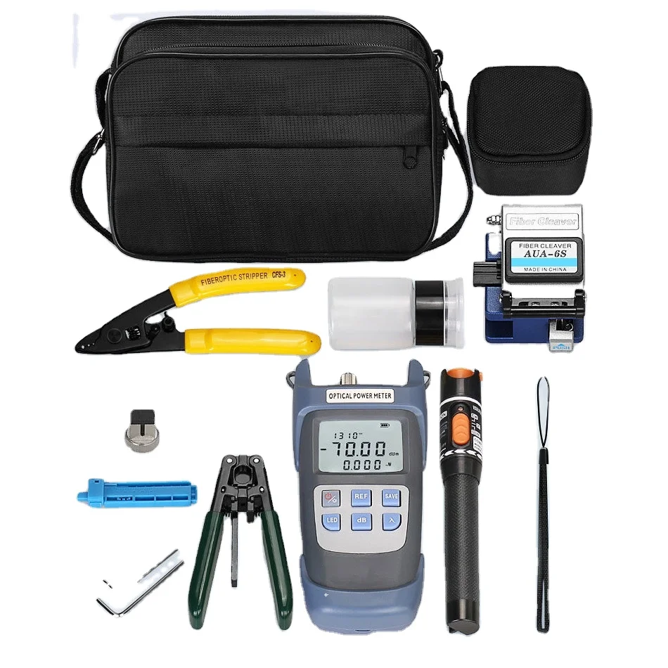 Fiber Tools Kit FTTH Complete Set Including Fiber Optic Stripper Cleaver Optical Power Meter Accessories Tool Kit