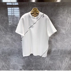 Summer Zipper Spliced Men O Neck Short Sleeve Sweatshirt Fashion Hip Hop All-match 2xl Oversized Streetwear T Shirts Black White