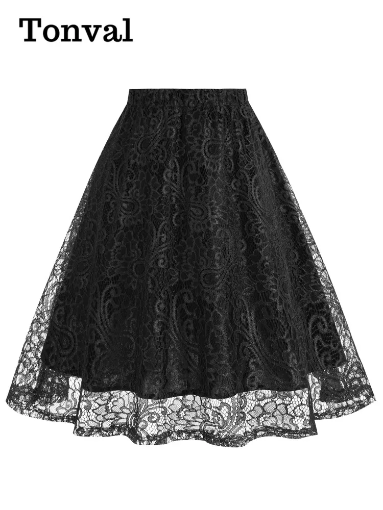 Tonval Retro Elastic Waist Green Solid Lace Overlay Pleated Skirt for Women 2023 Vintage Style Midi Skirts Elegant