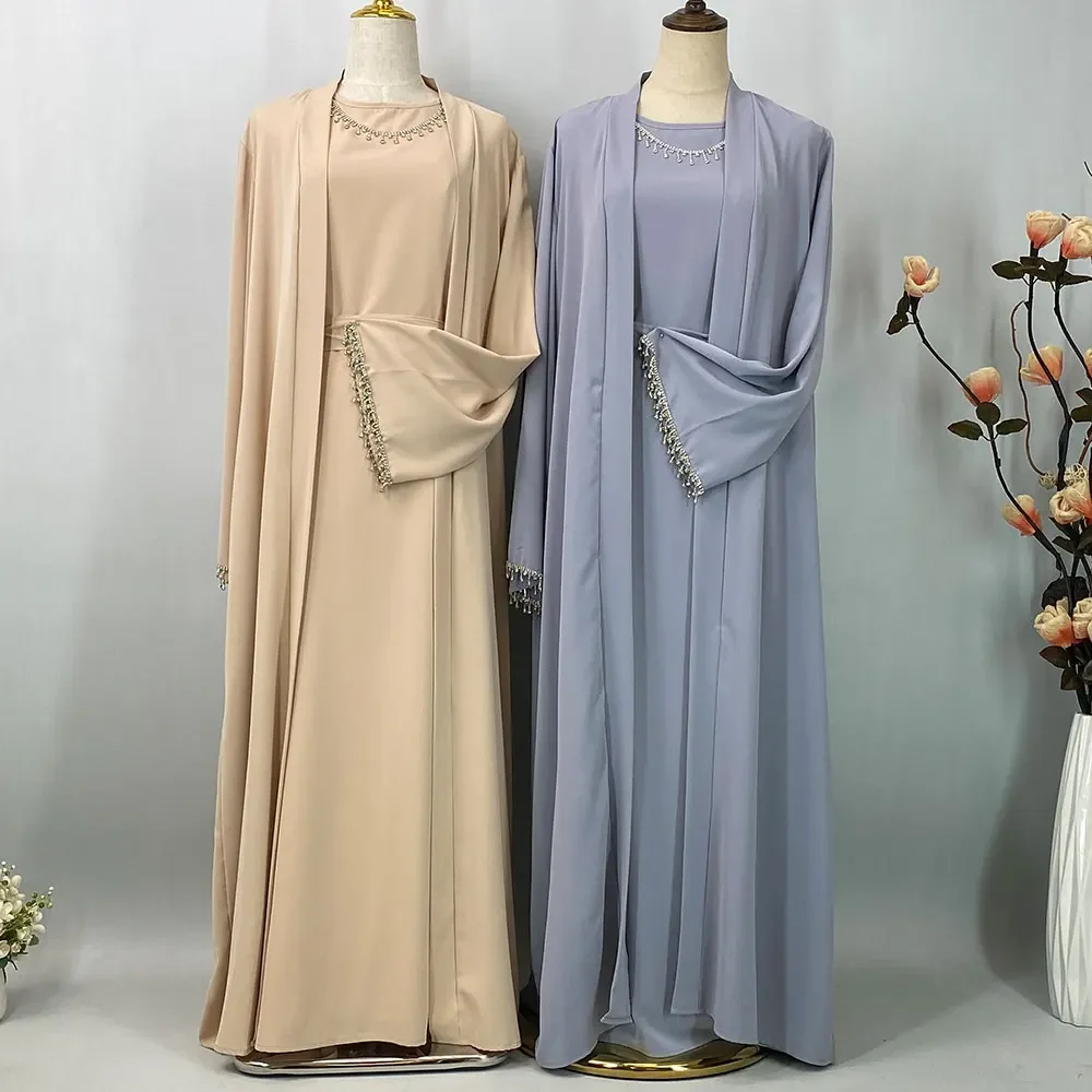 

2 Piece Abaya Kimono Matching Muslim Set Ramadan Abayas for Women Solid Dubai Turkey Inner Hijab Dress African Islam Clothing