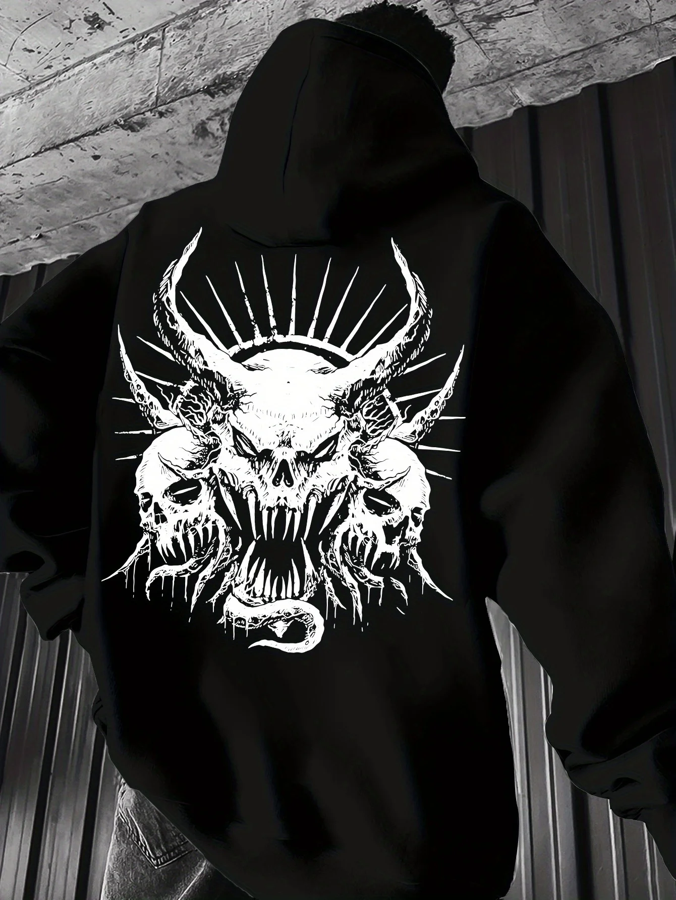 Men's and Women's Devil Skull Hooded Sweatshirt GothicStyleMetalHornSnakePatterPrintedT-shirtCasualLongSleeveHoodedPulloverShirt
