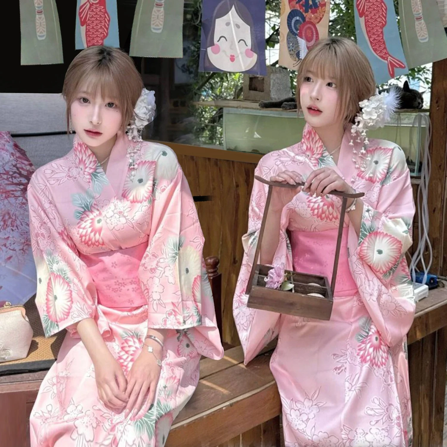 كيمونو تقليدي وردي فاتح فتاة أسطورية يابانية Sle نسخة محسنة كيمونو دكتور الألعاب النارية مهرجان الملابس النسائية