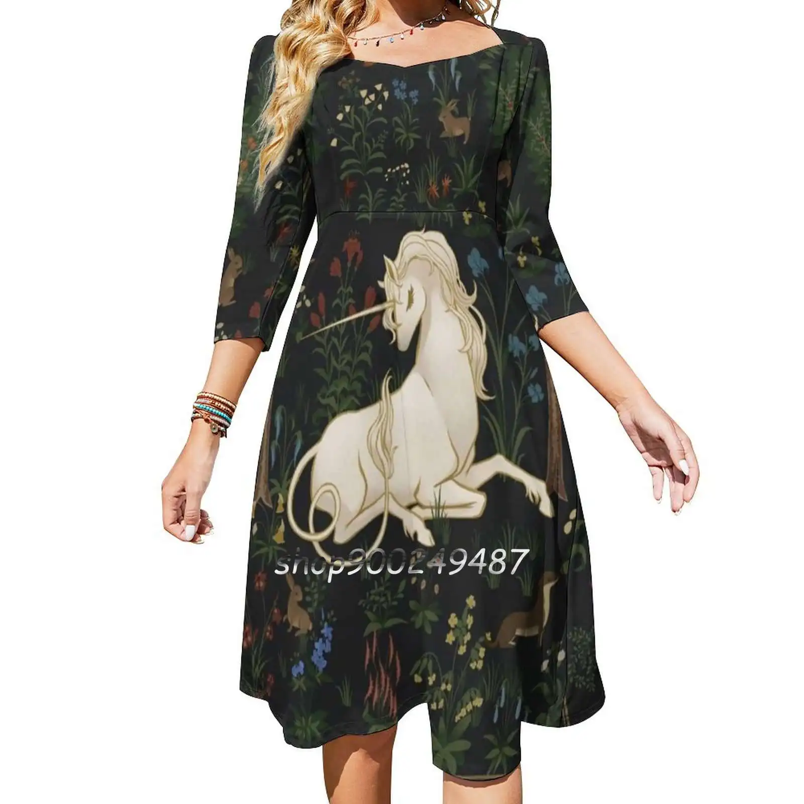 Unicorn Woods Long Sleeve Sexy Dresses For Women 2022 Ladies Vintage Elegant Party Dress Unicorn Forest Woods Fantasy Heraldic