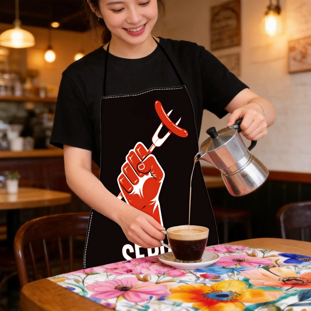 1pc Fashion Apron With Bold Red Fist Holding Fork And Sausage Print Serial Griller Text Design For Kitchen Cooking Apron