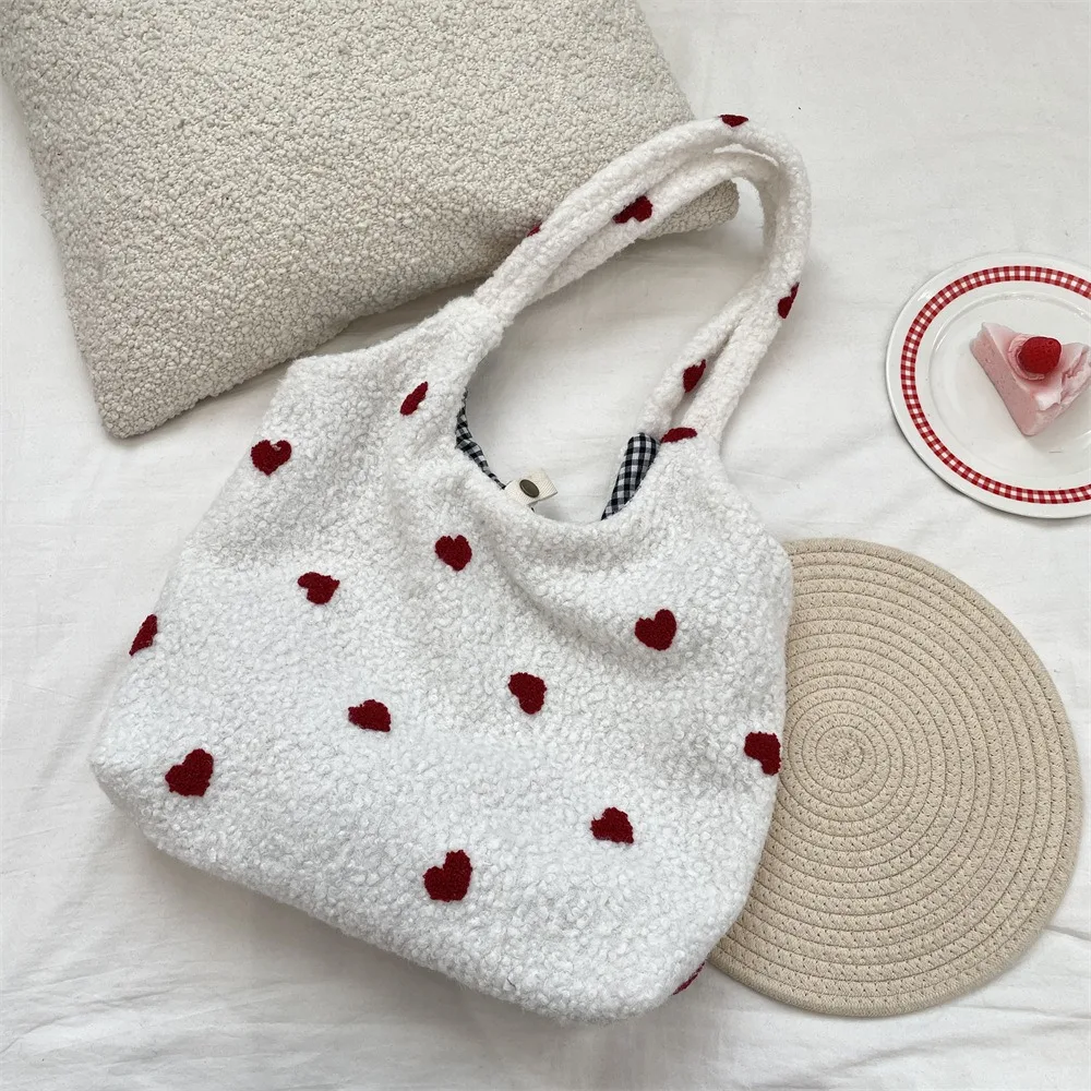 

Creative Cusual Embroidery Flower Tote Bag Large Capacity Love Heart Underarm Bag Sweet All-match Fluffy Shoulder Bag Travel