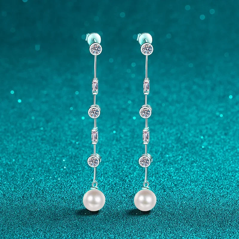 18K gold tassel earrings  1.8carat moissanite freshwater pearl earrings plated pt950 platinum small fragrant earrings jewelry