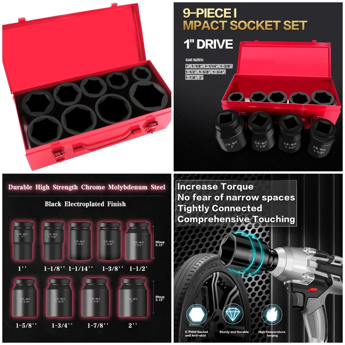 

1 Inch Drive Deep Impact Socket Set, 9-Piece, 6-Point, SAE Sizes, Cr-Mo Steel