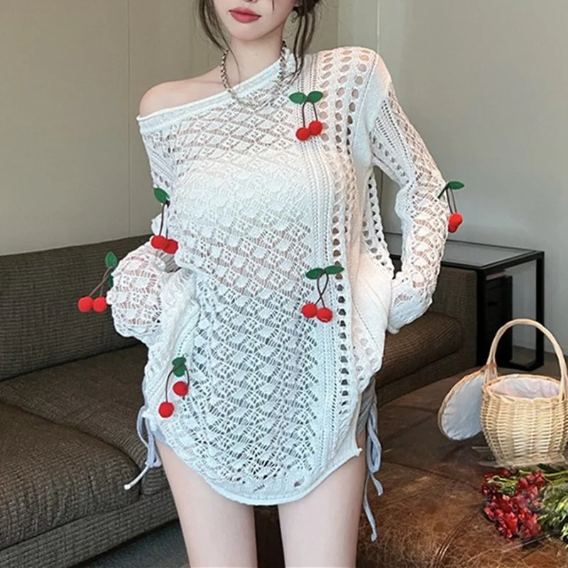 Women Long Sleeved Hollow Out Design Sun Protection Mid Length Sweater Top Summer Autumn New White Cherry Thin Knitted Shirt