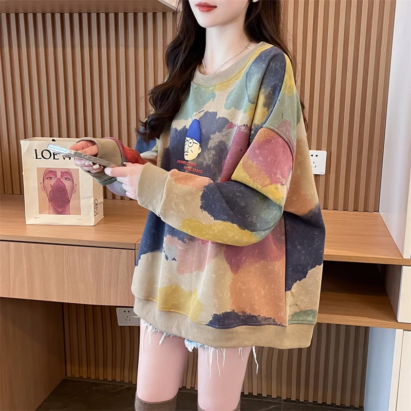 

Early autumn design sense niche hoodie women spring autumn 2024 new Korean version of loose large size small tie-dye top