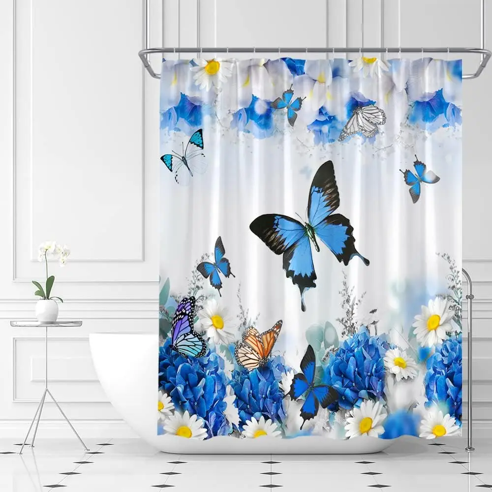 

Flower Butterfly Shower Curtain Blue Floral Butterflies Spring Nature Dream Fantasy Fabric Bathroom Curtains Decor Set with Hook