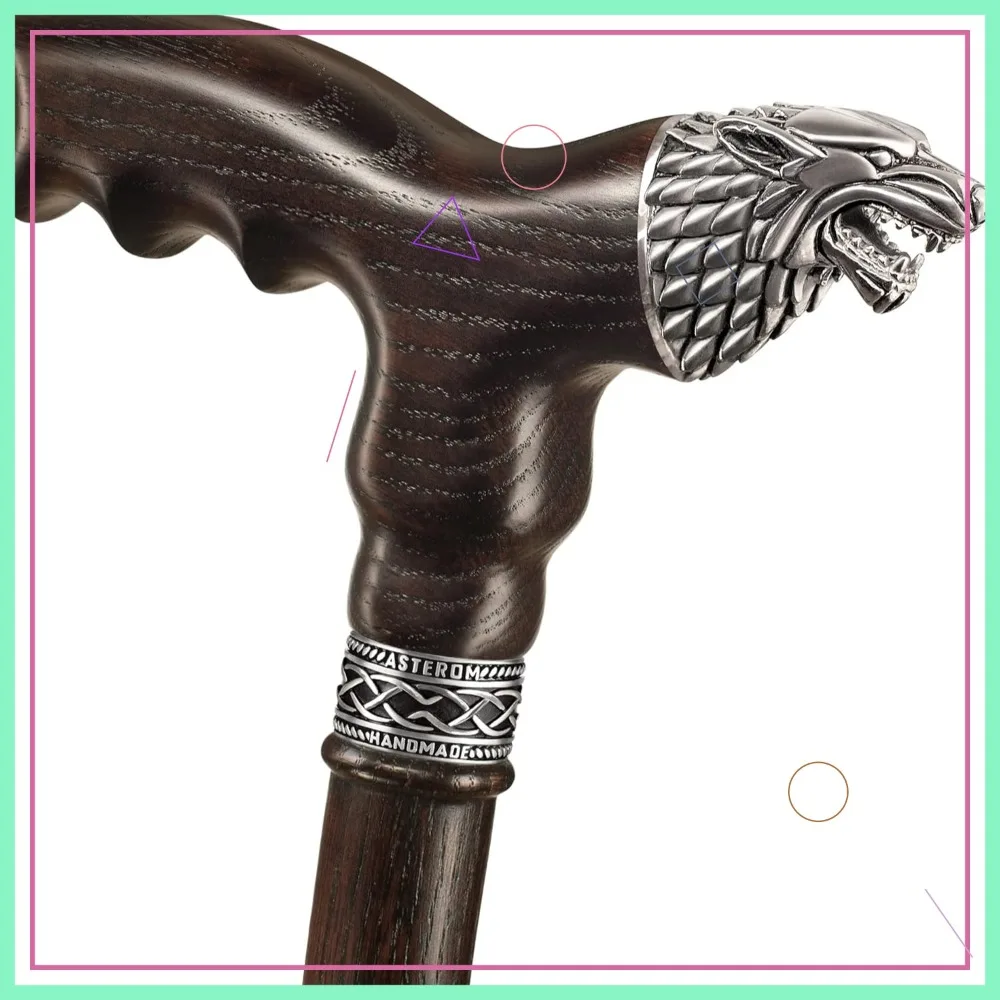 Bastón artesanal con cabeza de lobo - Bastón ergonómico de madera para hombres y mujeres, soporte elegante