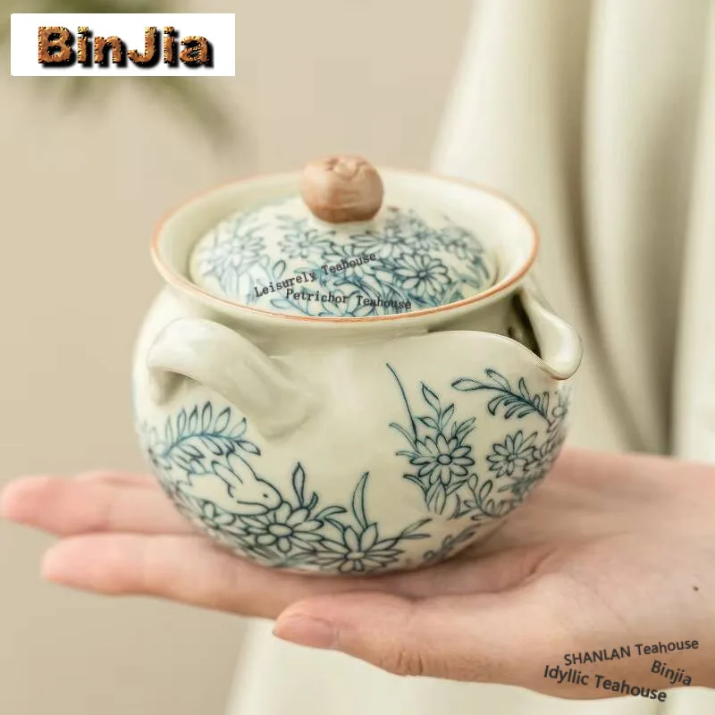 

180ml Cute Rabbit Ru Kiln Porcelain Hand Held Pot Chinese Sunflower Reception Tea Bowl Tea Brewing Kettle Tea Pair Kung Fu Craft
