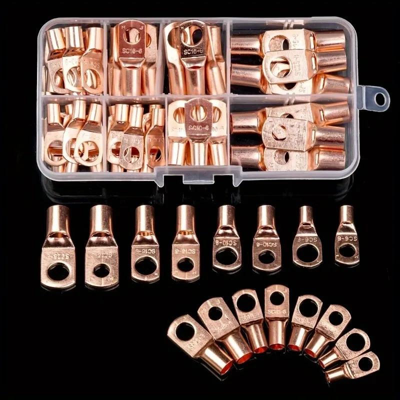60pcs Copper Terminal Connectors, AWG 4 6 8 10 12 Ring Lug Kit With Shrink Tubing 50 Battery Cable Lugs, With 50 Shrink Tubing