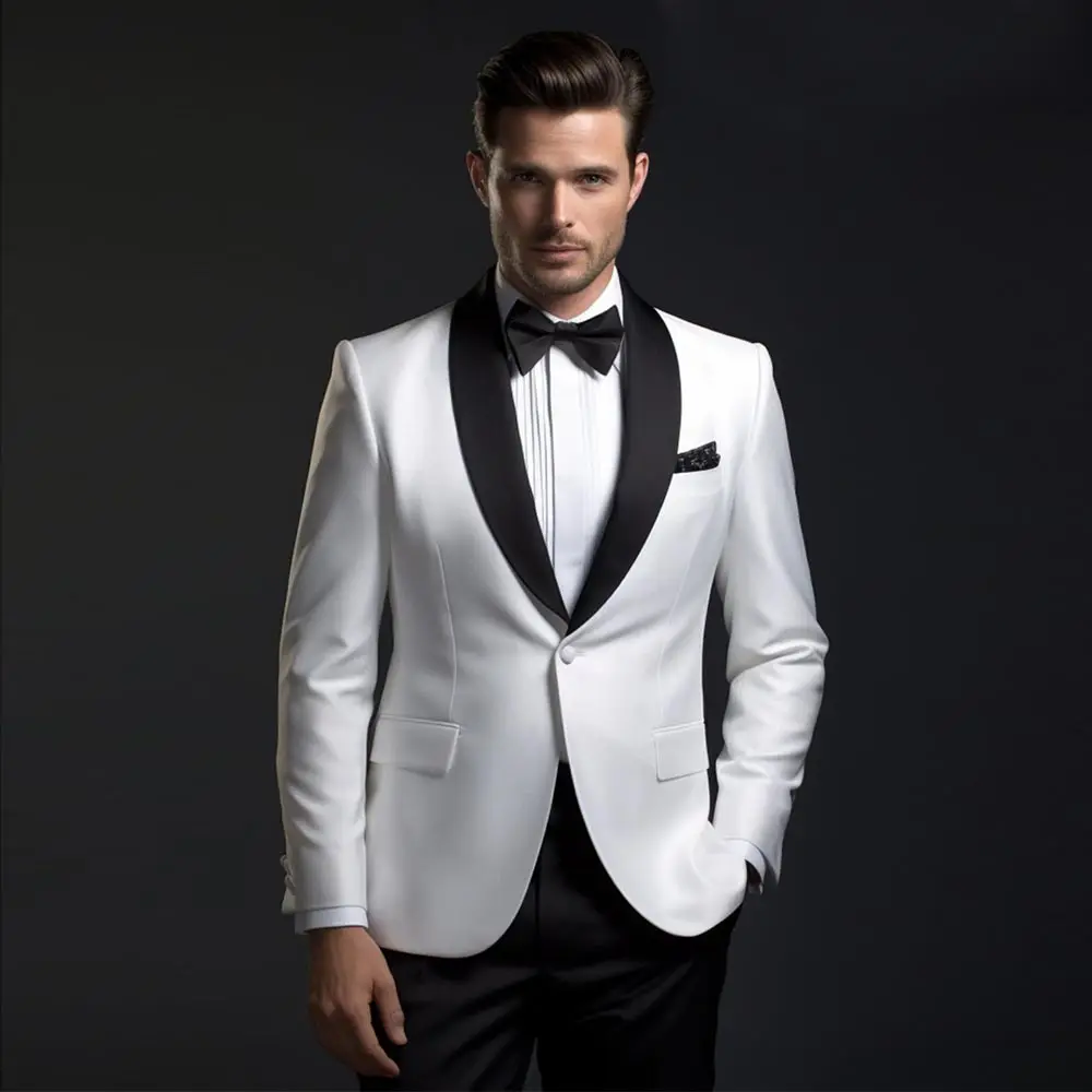 

White Slim Fit Men's Suit One Button Male Blazer Sets Prom Tuxedos Jacket And Pants Shawl Lapel Wedding Groom Wear