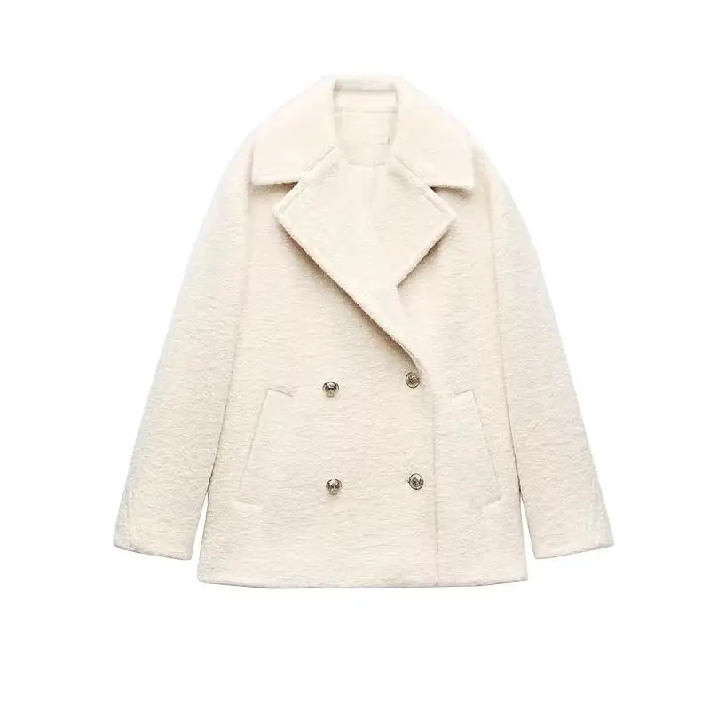 

Autumn Winter New Women's Pearl Woolen Coat Double-Breasted Lapel Long Sve 30296 30049 Faionable Ele Outerwear