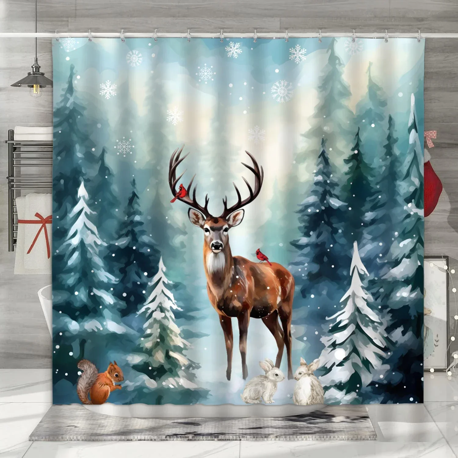 Fall Forest Shower Curtain, Farm Animals Bear Deer Vintage Wooden Barn Planks Wild Nature Mountain Sunset, Bathroom Decoration