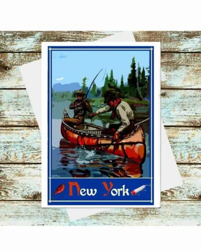 Set Of 6 Travel Poster Greeting Cards Canoe Fishing In New York Adirondacks