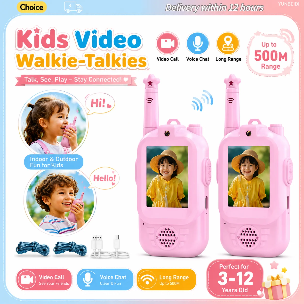2-個子供用トランシーバー-3-種類-hd-ビデオインターホン-usb-充電屋内屋外おもちゃ子供の誕生日フェスティバル女の子向け-3-歳以上