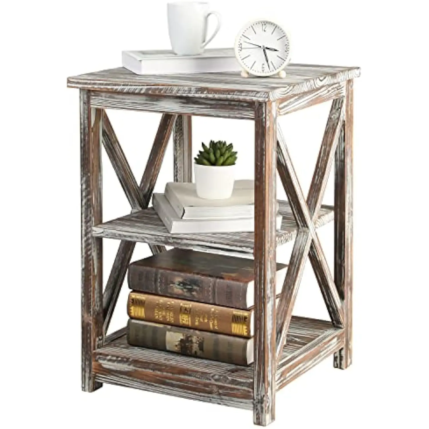 

24 英寸 Tall End Table, Rustic Torched Solid Wood Living Room Accent Side Table with 3 Tier Display Shelf, Wooden X Design Bed