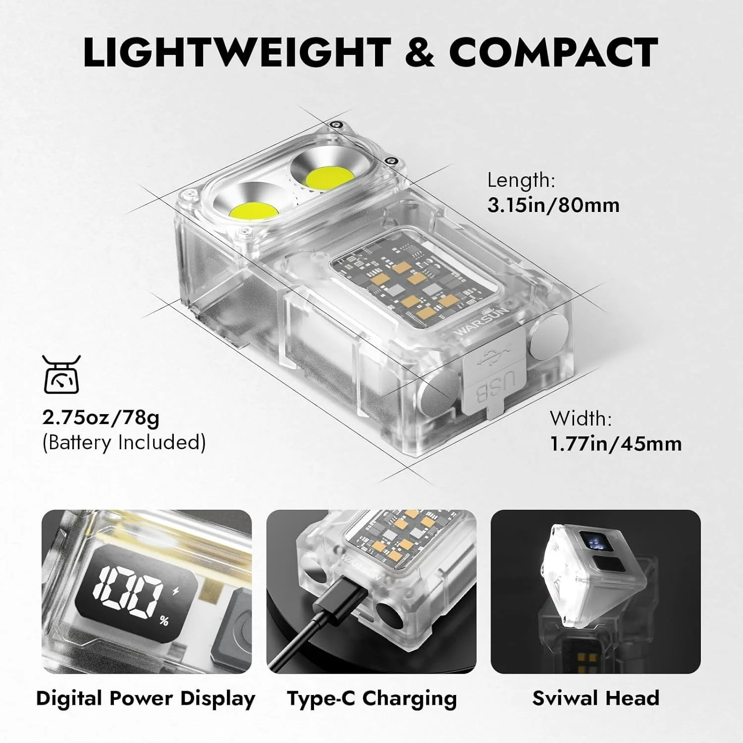 WARSUN DC08 LED Work Light Rechargeable 800Lm 90° Rotatable Magnetic Base IPX5 Waterproof Portable Multi-function Lamp