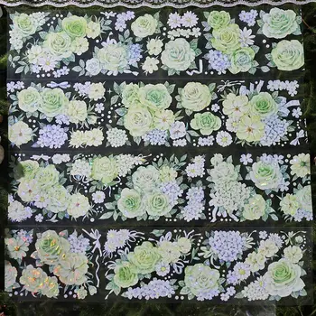 緑紫の花の光沢のあるジャーナル背景 PET 和紙テープ