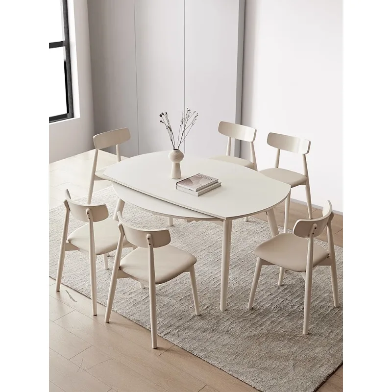 

Retractable and foldable round table, modern and simple household small unit, multifunctional solid wood cream rock board dining