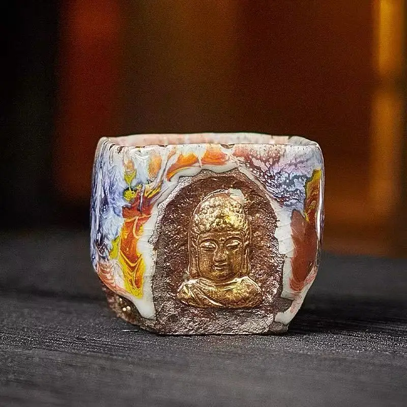 Ceramic Shino Wood-Fired Zheng Youfa Hand-Gilded Large Buddha Square Master Cup Dunhuang Tea Cup Ornament For Personal Use