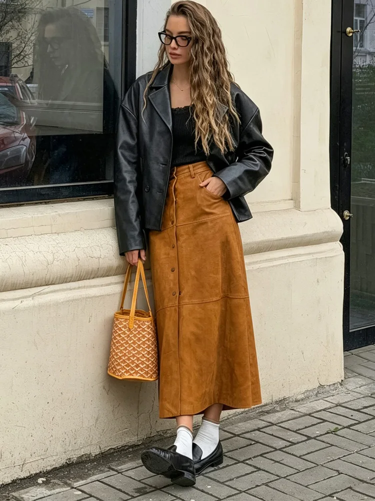 Luxury Suede Fleece Skirt Long Midi Length Button Front A Line High Waist Daily Casual Fall Winter Streetwear Brushed Skirt 2026