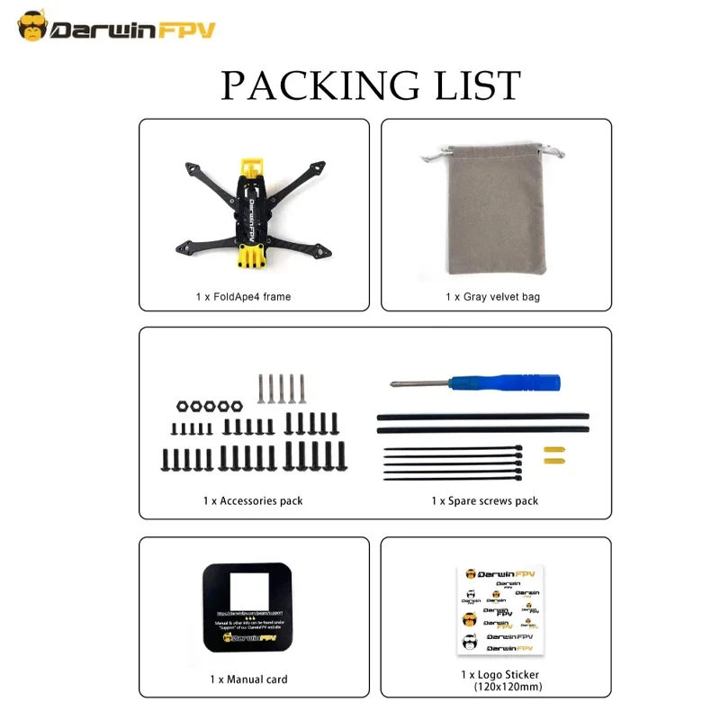 DarwinFPV FoldApe4 4 Polegada Quadro de Fibra de Carbono Versão Analógica/O3 Quadro para Super Longo Alcance FPV RC Freestyle Drone