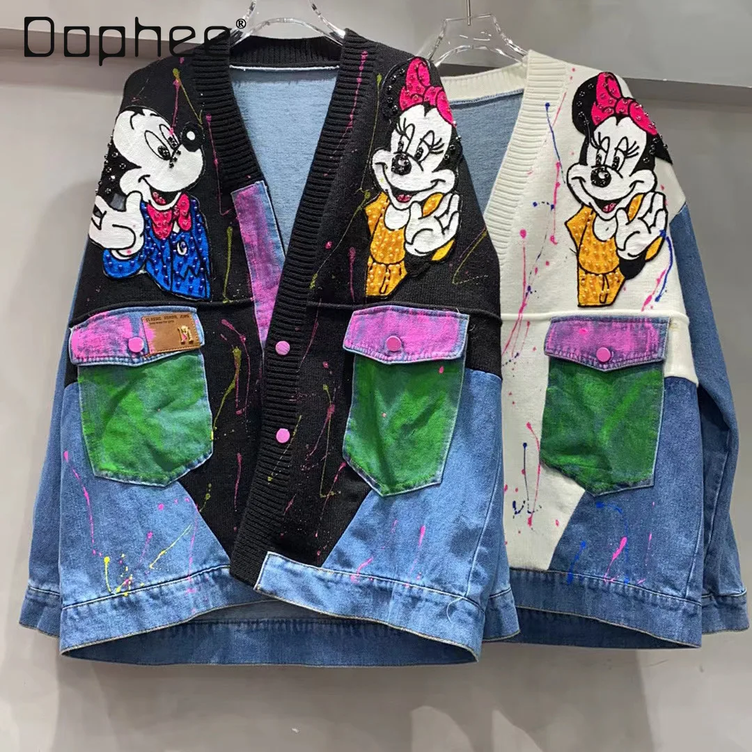 

Fashion Cartoon Graffiti Denim Splicing Sweater Cardigan Women Autumn and Winter Loose V Neck Long Sleeve Knitted Jacket Top