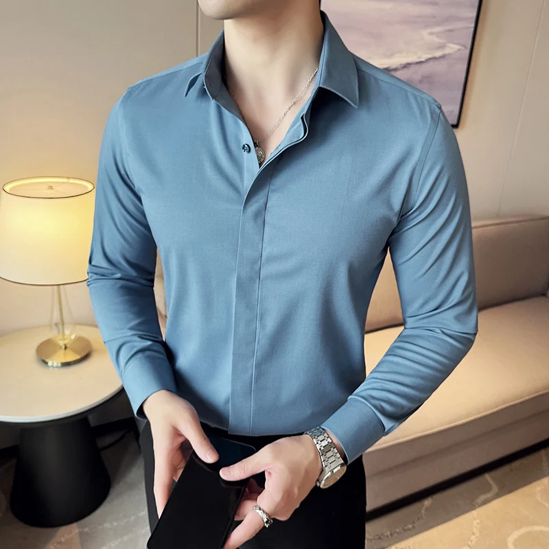 High Quality Pure Color Business Casual Men's Slim Fit Dress Shirt Made of 4.5% Wool, Suitable for Daily Commuting.M-4XL