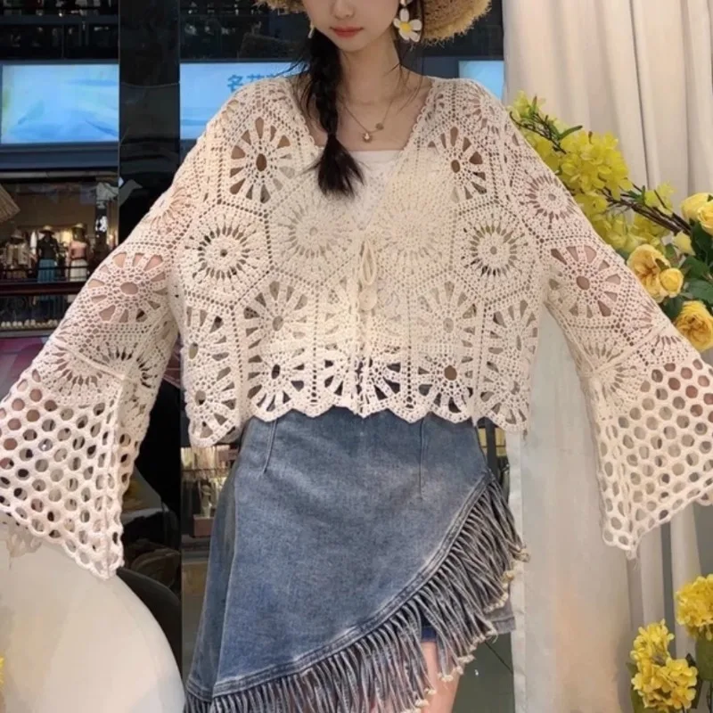 Kimotimo Hook Flower Hollow Knitted Cardigan Women Summer Outwear Flare Sleeve Boho Crop Tops Korean Beach Style Lace Up Coats