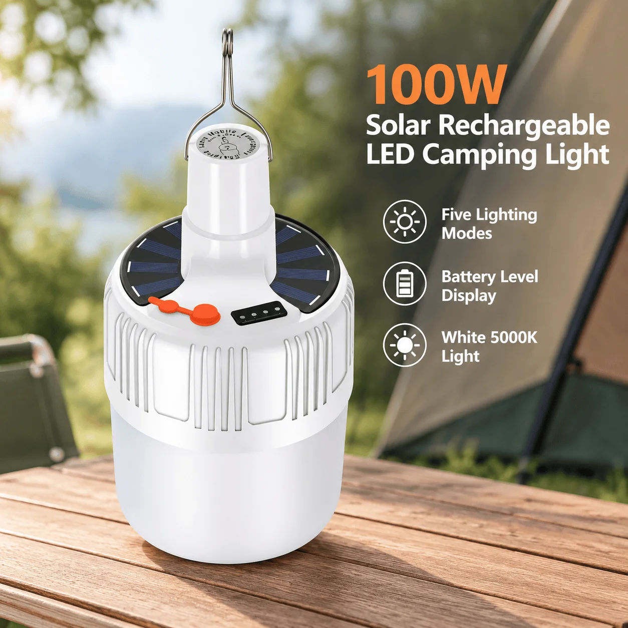 100W Solar Rechargeable LED Camping Light, Five Modes with SOS and Strobe, Battery Level Display, White 5000K Light, Stainless Steel Hook, PC Lampshade, Built-In Rechargeable Battery, for Camping, Fishing and Emergency Lighting