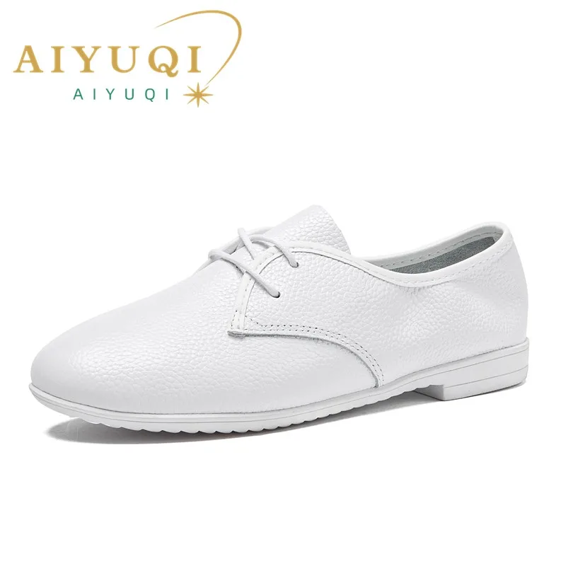 

AIYUQI Nurse Shoes Women 2024 New Lace-up British Style Simple Cowhide Leather Ballet Flat Casual White Shoes Women