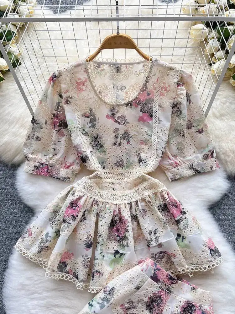 Elegant Flower Embroidery Lace Shorts Set Women Short Sleeve Hollow Out Ruffles Shirt Top+Wide Leg Shorts Summer 2 Piece Outfits