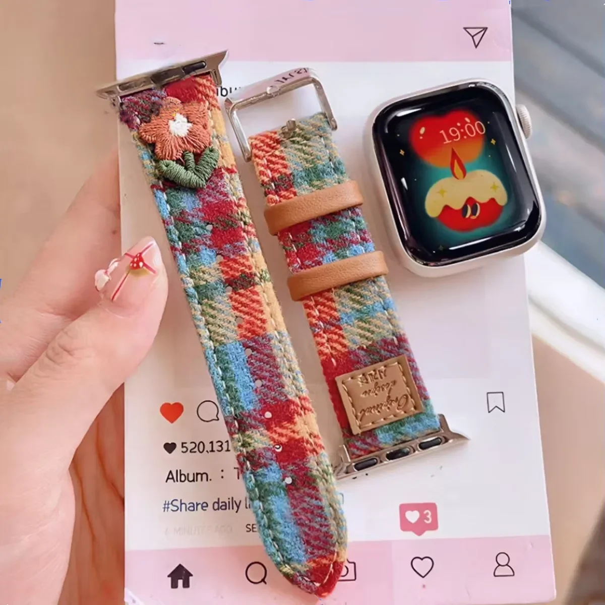 애플 워치 밴드용 컬러풀 격자 무늬 모직 PU 가죽 스트랩, 아이워치 49 울트라 9 8 7 se 6 5 4 3 용 41/45 40/44 팔찌, S10 42mm, 46mm