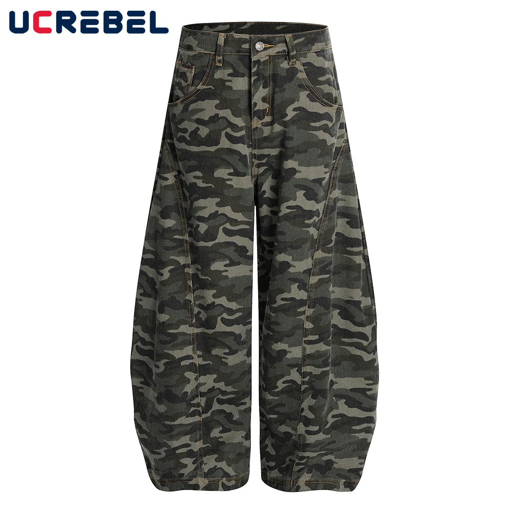 

Camouflage Scimitar Pants Mens Spliced Retro High Street Loose Wide Leg Denim Pants Men