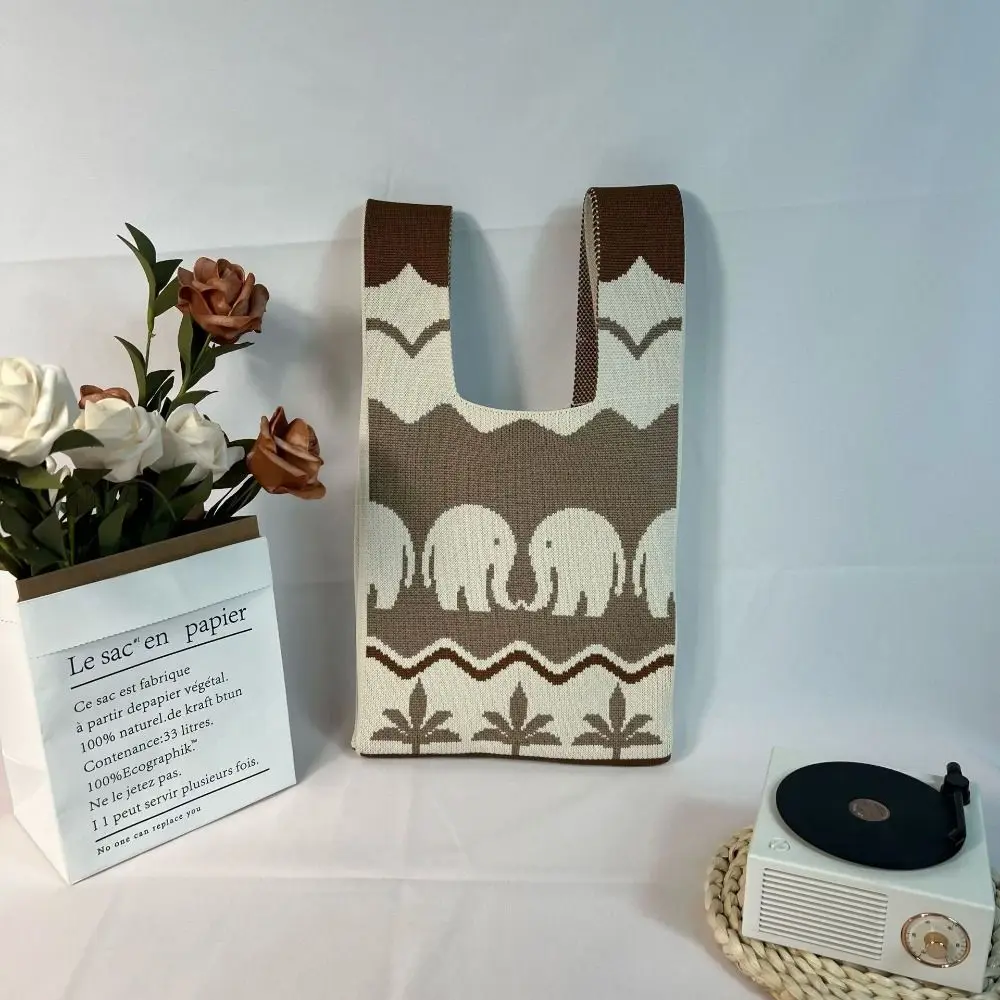 

Fashion Knitted Knot Wrist Bag Ethnic Style Cartoon Elephant Tote Bag Large Capacity Handmade Handbag Women Girls