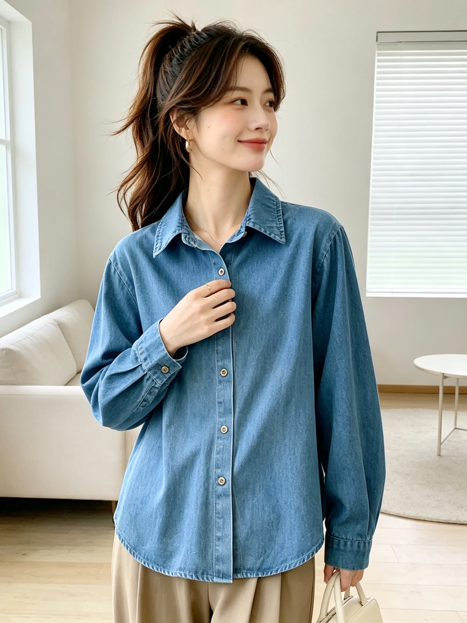 Blue Denim Shirt Women's Loose Casual Long Sleeve Spring Autumn Style Hong Kong Style Layering Versatile Cotton Shirt