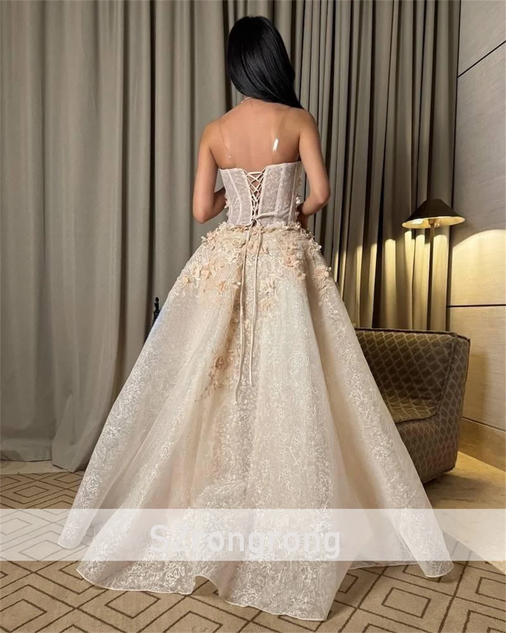 Luxury Strapless Lace Hademade 3D Floral Evening Dress vestidos piedra A-line Lace up Back Prom Party Gown with Court Customized