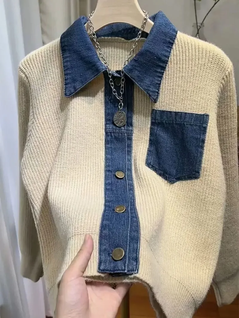 Giacca cardigan corta chic da donna Designer con collo a polo Denim Patchwork Jumper Giacca primavera autunno Y2k Harajuku Top corti Nuovo