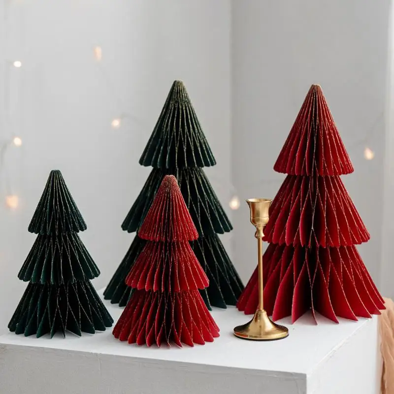 2Pcs Paper Christmas Tree Reusable Tiny Xmas Tree Multi-layer Table Centerpiece Decor 3D Paper Trees Christmas Decorations