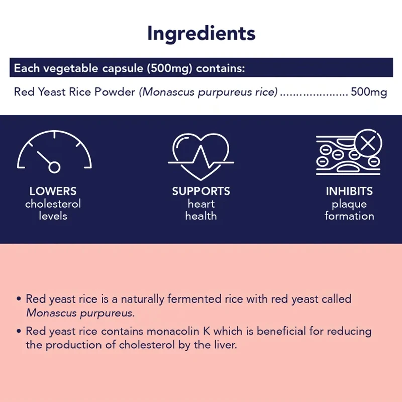 أرز خميرة حمراء 500 ملجم - مكمل كوليسترول، يدعم الصحة العامة، ويعزز صحة القلب والمناعة، ومضادات الأكسدة