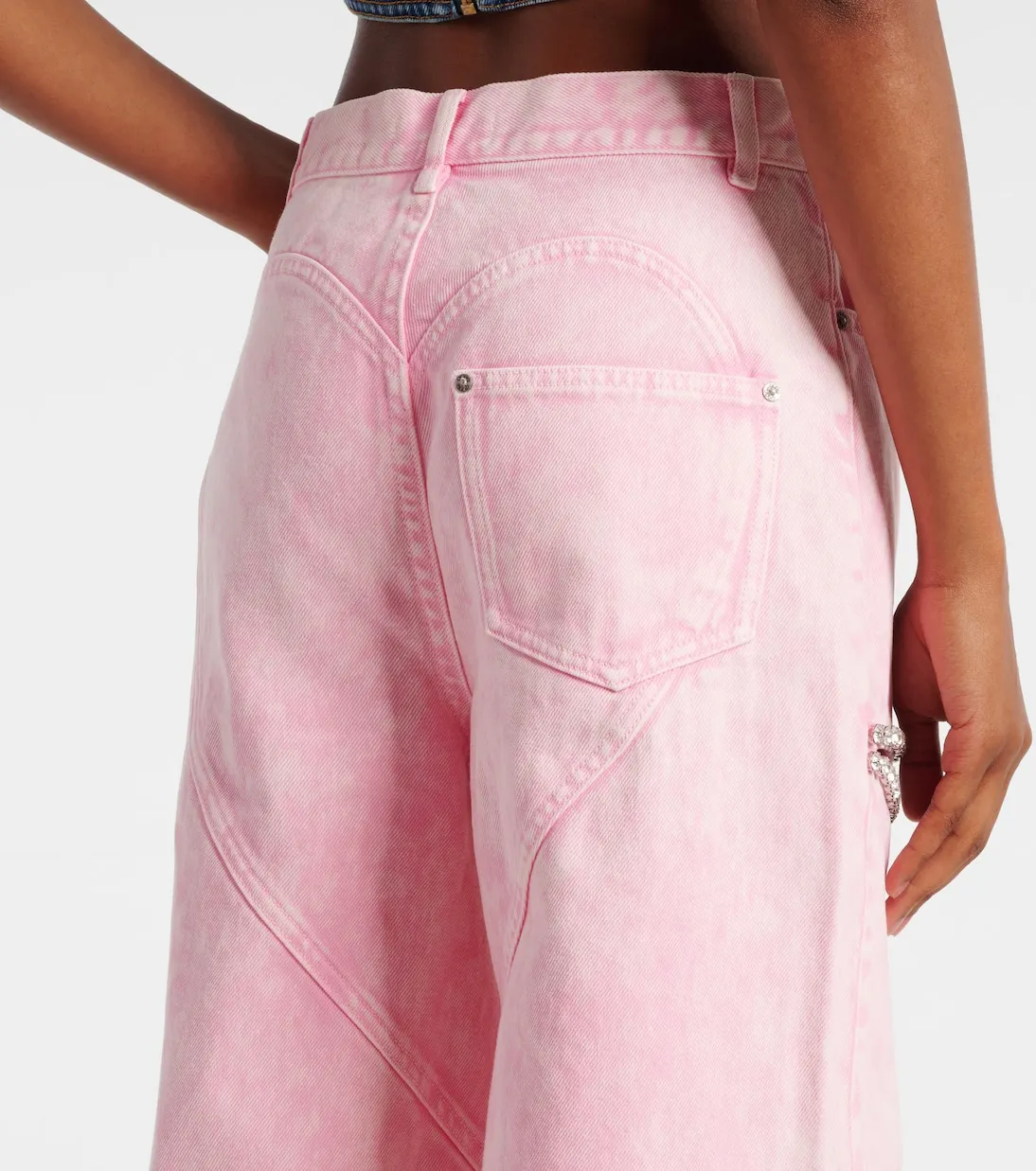 VGH High Street Spliced Diamonds Denim Trousers for Women High Waist Hollow Out Patchwork Pocket Wide Leg Pants  Female Style