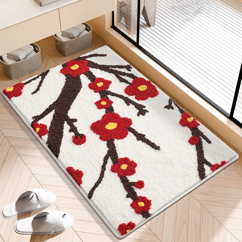 Flocking Thicken Entrance Carpet Tufted Chinese Plum Pattern Bedside Rug Non-slip Absorbent Bathroom Floor Mat Bedside Rug