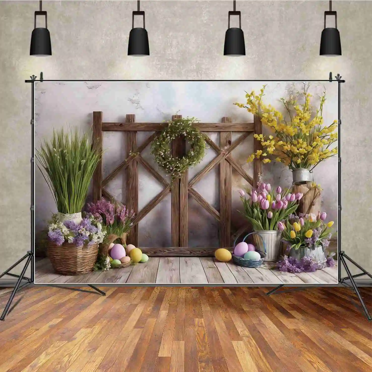 MOON.QG Pink Yellow Blossom Flowers Blanket Bouquet Wood Painted Eggs Decoration Backdrop Photographic Background